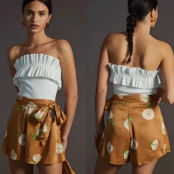Maeve x Anthropologie Floral Satin Tie Shorts In Brown Women's Size US 2 - Picture 1 of 7